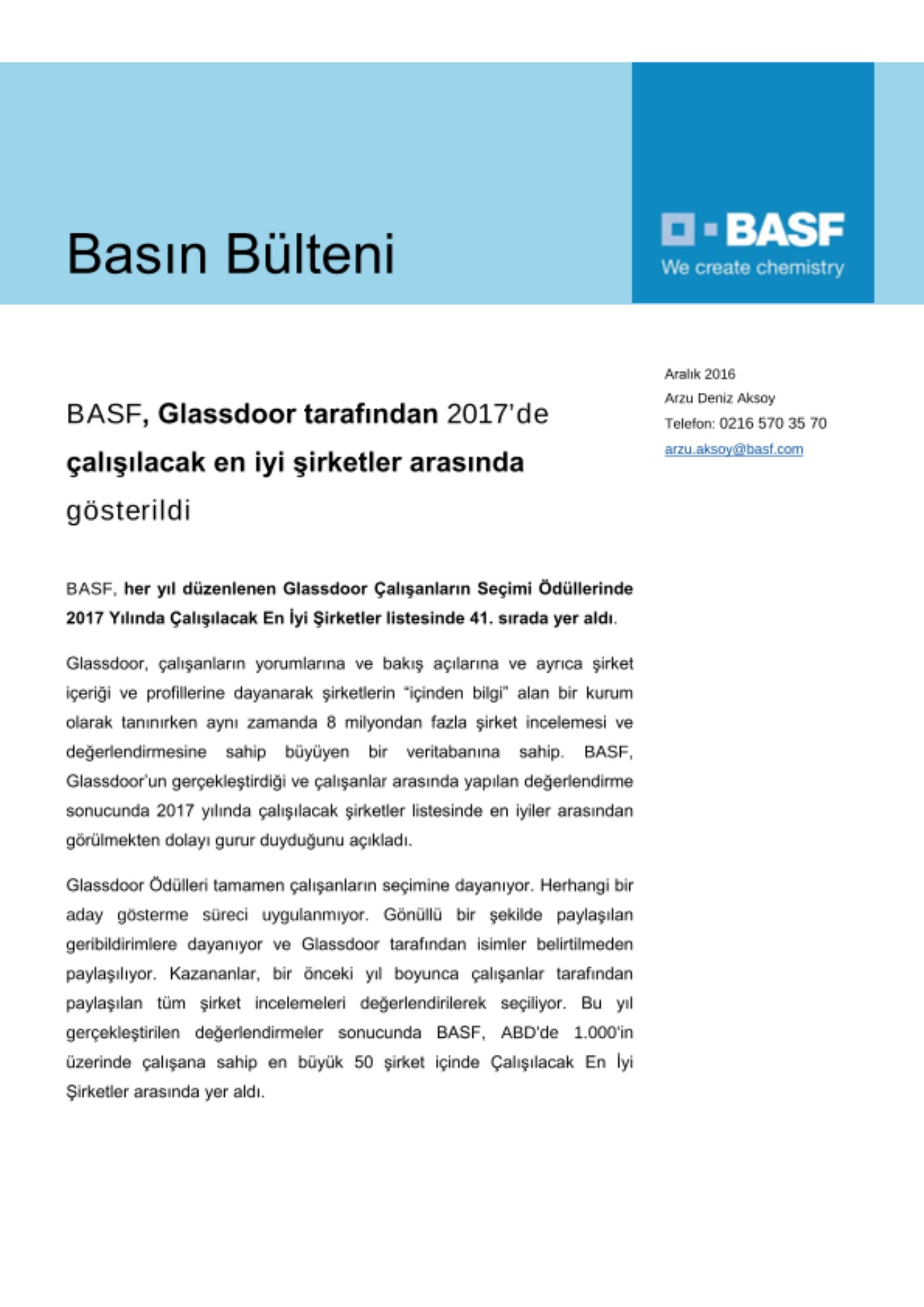 BASF, Glassdoor tarafından 2017’de çalışılacak en iyi şirketler arasında gösterildi
